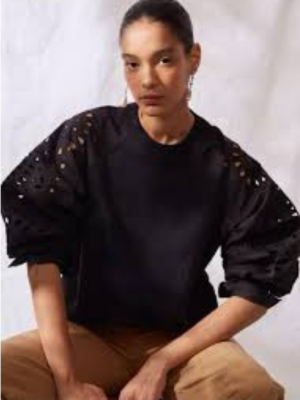 Thakoon Black Eyelet Puff-Sleeve Sweatshirt